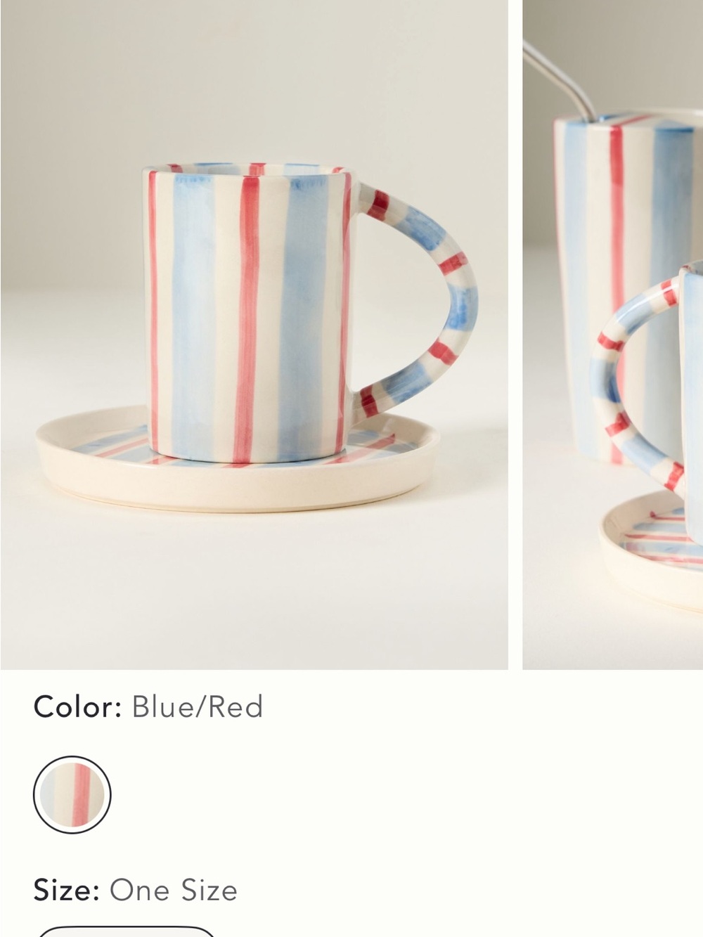 Anthropologie Hand-Painted Blue and Red Striped Ceramic Mug with Saucer